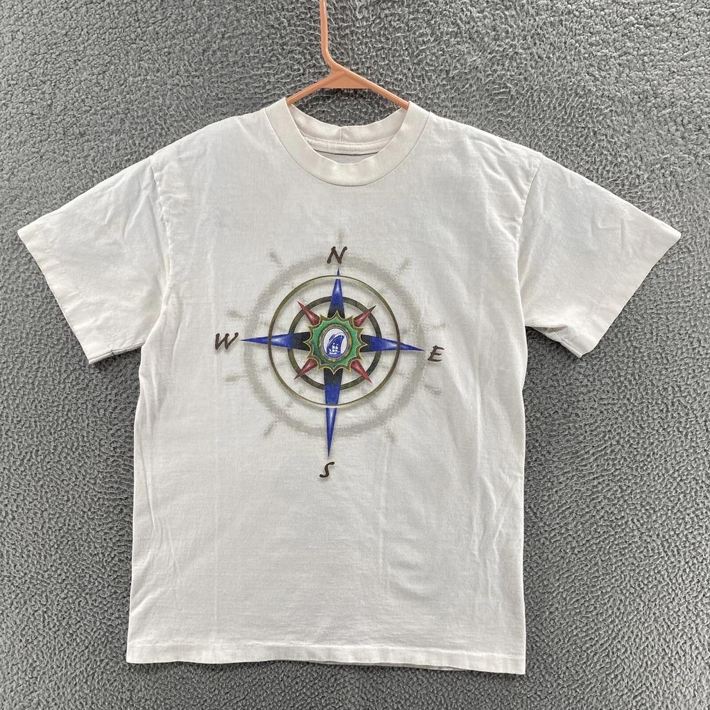 VINTAGE Compass T Shirt Men Large White Graphic Single Stitch 90s Cotton