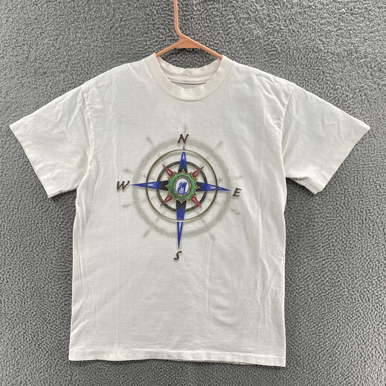 

VINTAGE Compass T Shirt Men Large White Graphic Single Stitch 90s Cotton XL