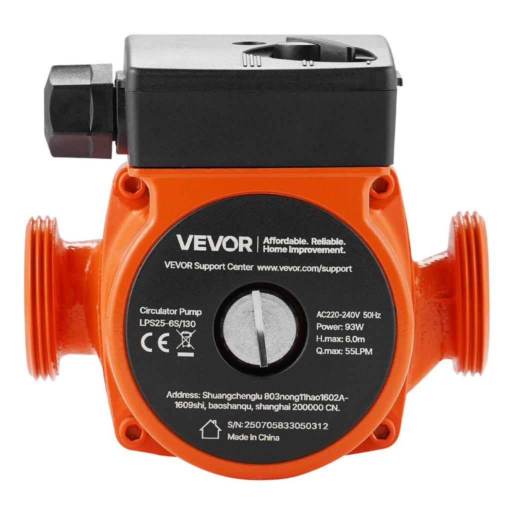 LPS25-6S/130 Cast Iron Circulator Pump, 1/8 HP, 220-240V 55 LPM Hot Water Recirculating Circulation Pump, Threaded Connection, 3-Speed Adjustment,