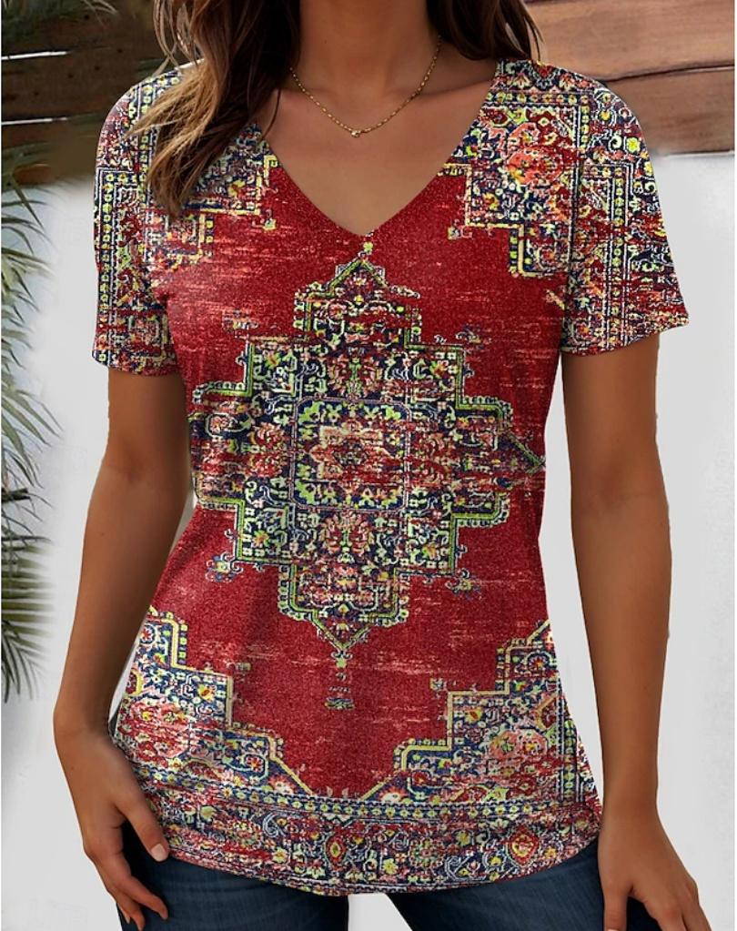 Harajuku Wind Ladies V-neck T-shirt Summer Outdoor Casual Short Sleeve Tops Retro Street Flower Print OverSize Women's Clothing