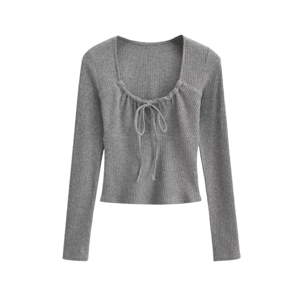 

Однотонная футболка с длинным рукавом, квадратным вырезом и шнуровкой, мягкие милые облегающие топы, женские M серый