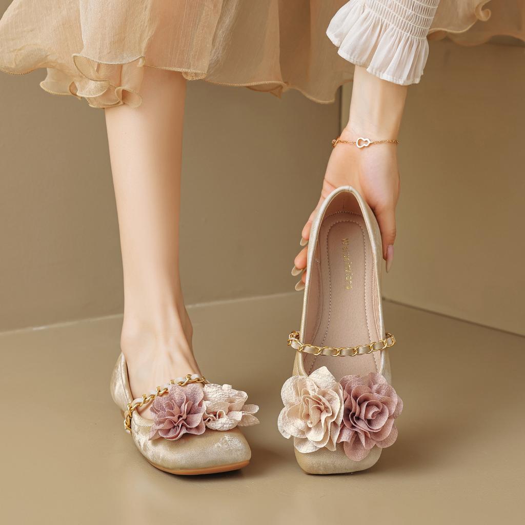 Ballet shoes new square head single shoes women's flat bottom shallow mouth word with flowers grandma shoes women's tide