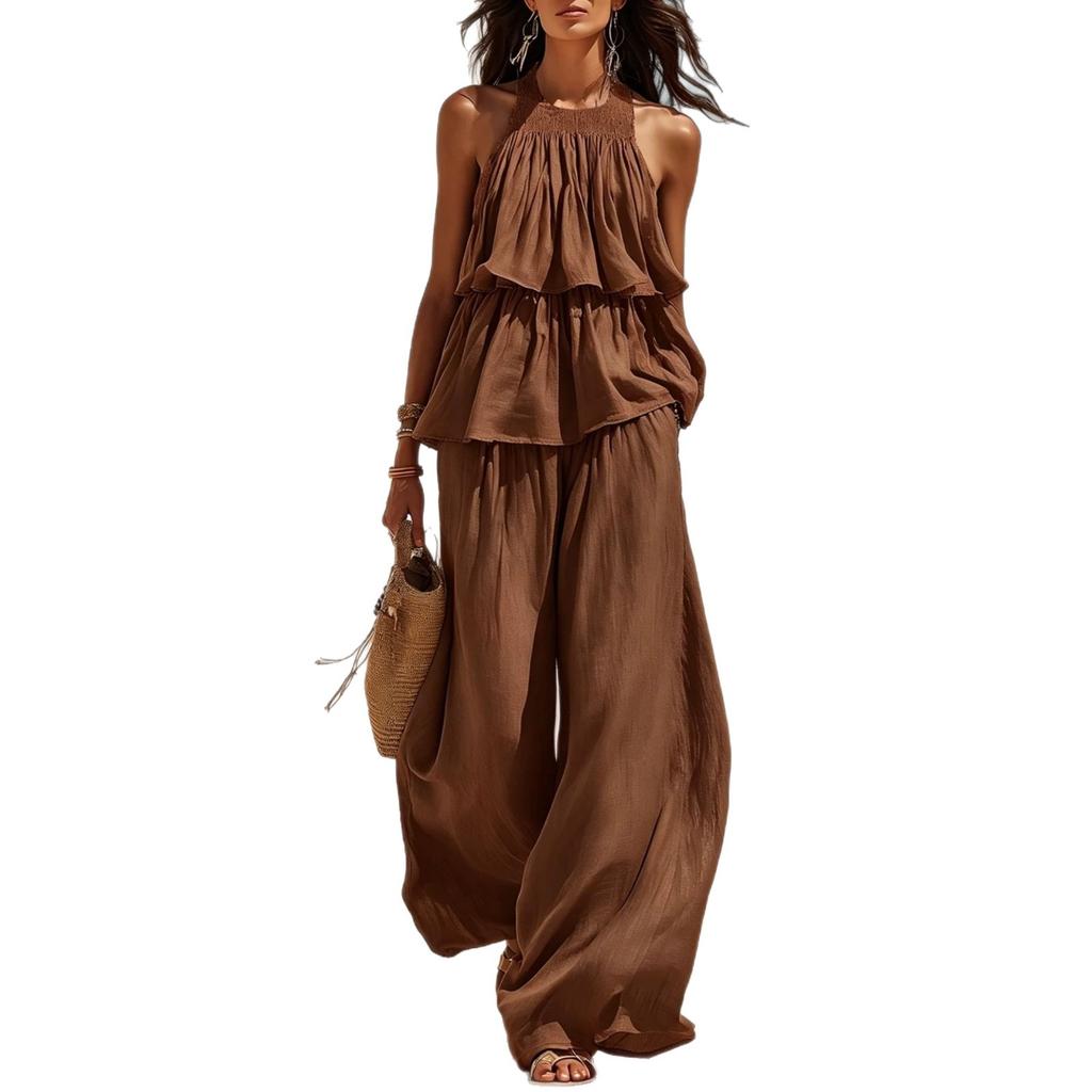 2026 Amazon Independent Station Popular Women's Clothing Casual European and American Style Elastic Neck Breathable Wide Leg Pants Two-piece Set