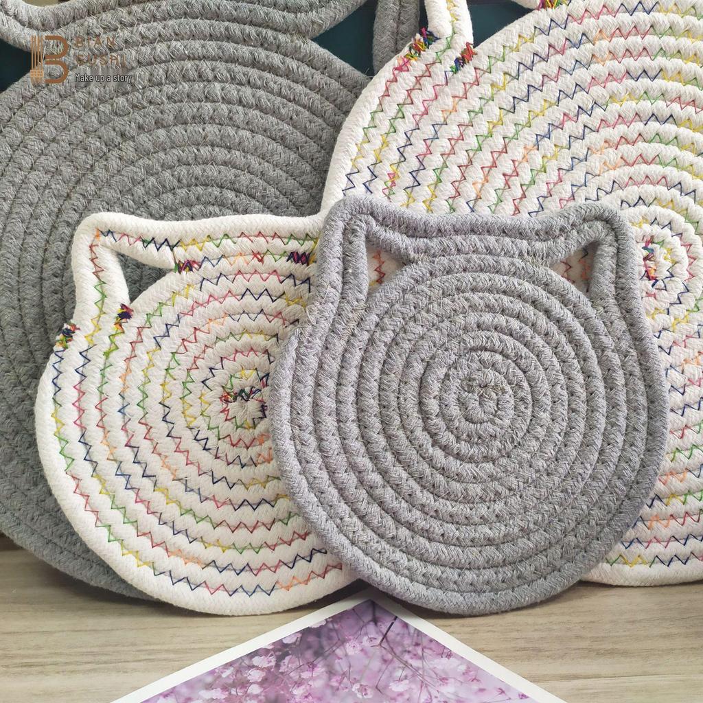 Solid Color Cat Ear Cotton Rope Placemat: Heat-Resistant Mat & Coaster, Hangable Photo Prop