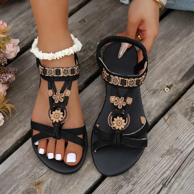 Flower Beaded Bohemian Sandals for Women Summer 2025 Roman Style Comfortable Flat Sandals Woman Lightweight Non Slip Beach Shoes