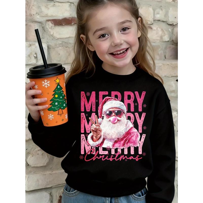European sizes Black Long Sleeve Sweatshirt for Kids with Merry Merry Merry Christmas Santa Claus Print, Pink and White Text Design 110