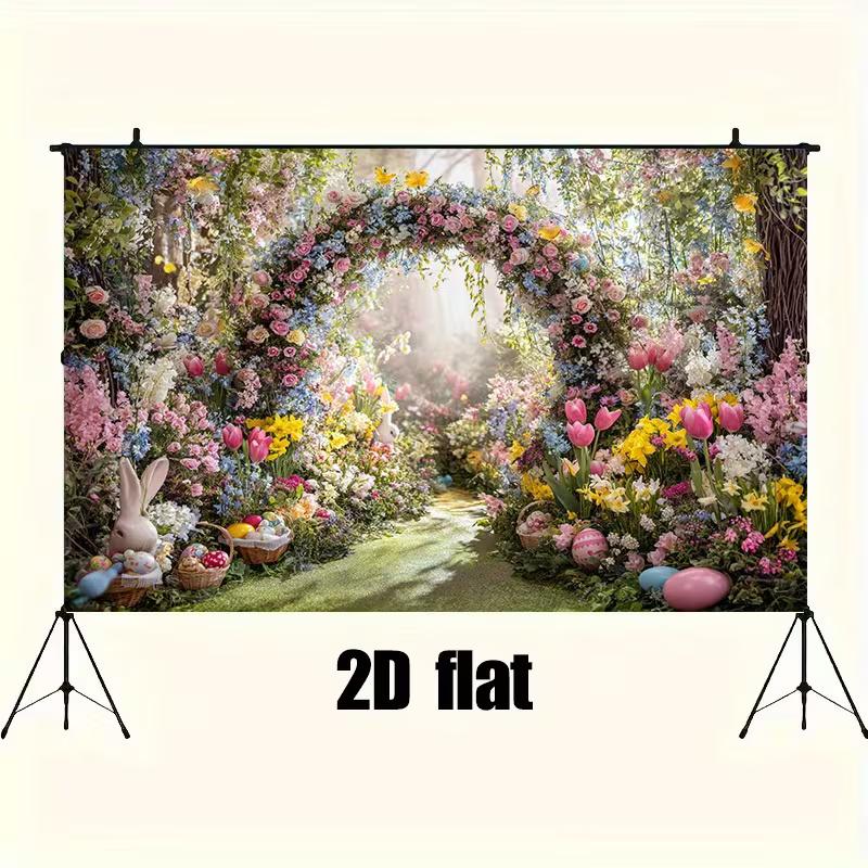 2D Easter Bunny Backdrop Colorful Tulip & Egg Party Background Banner