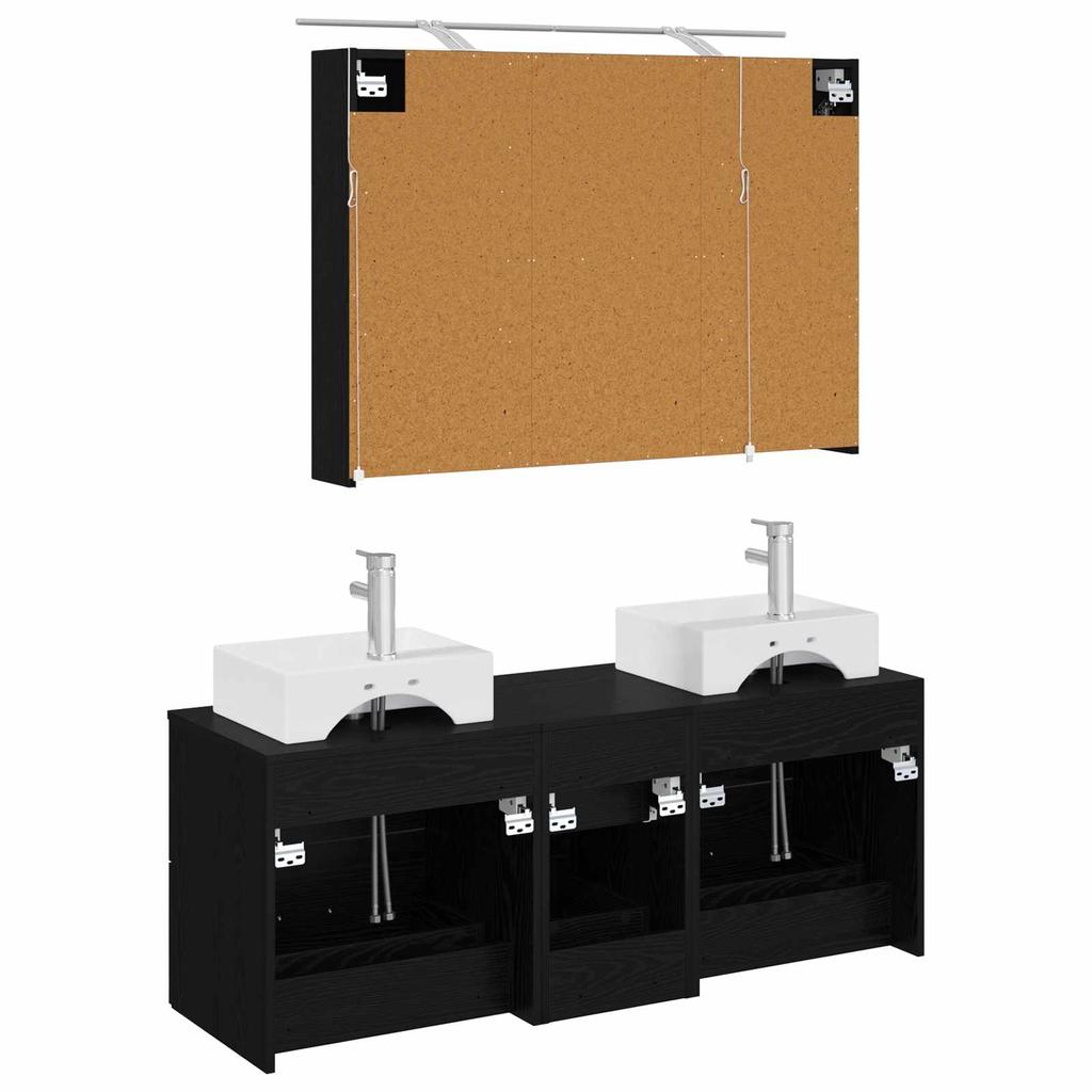 Bathroom Furniture Set 4 Pcs Black Oak Engineered Wood and Glass