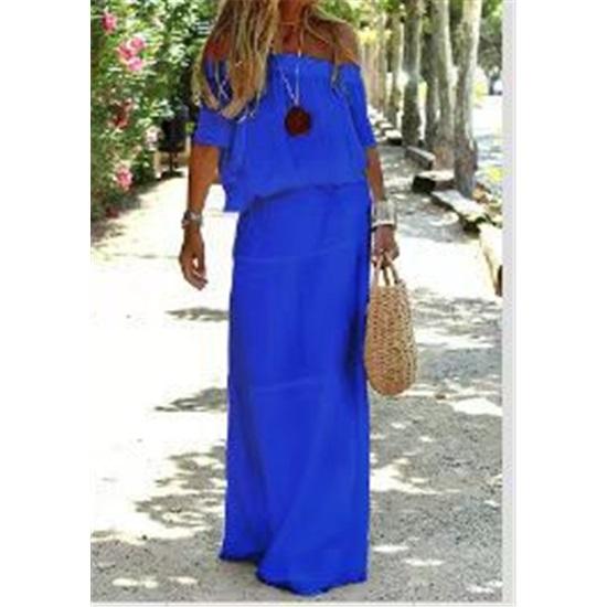 Damen einfarbiges kurzärmeliges schulterfreies lässiges langes Kleid