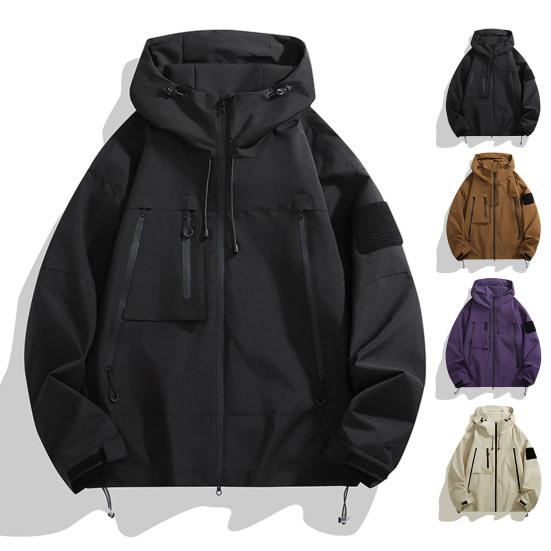 Men Women Windbreaker Waterproof Stand-up Collar Hooded Jacket Outdoor Coat with Zipper Pockets for Hiking Climbing Sports