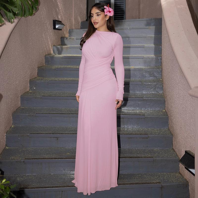 Europäischer & Amerikanischer Stil 2025 Elegantes Einfarbiges Langarm Falten Slim Fit Kleid für Damen - Herbst/Winter Kollektion.