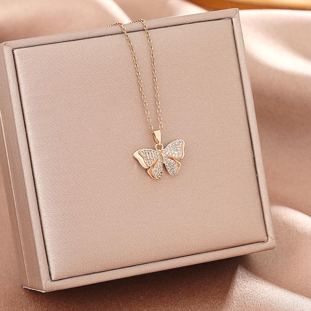 Women's Butterfly Titanium Necklace: Micro-Inlaid Diamonds, Exquisite Luxury, Non-Fading Design