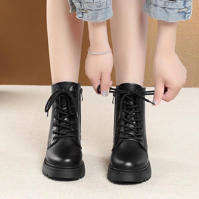 Botas Martin de Cuero Genuino para Mujer - Otoño/Invierno 2024, Tacón Bajo, Acolchado de Terciopelo, Suela Plana, Forrado de Algodón