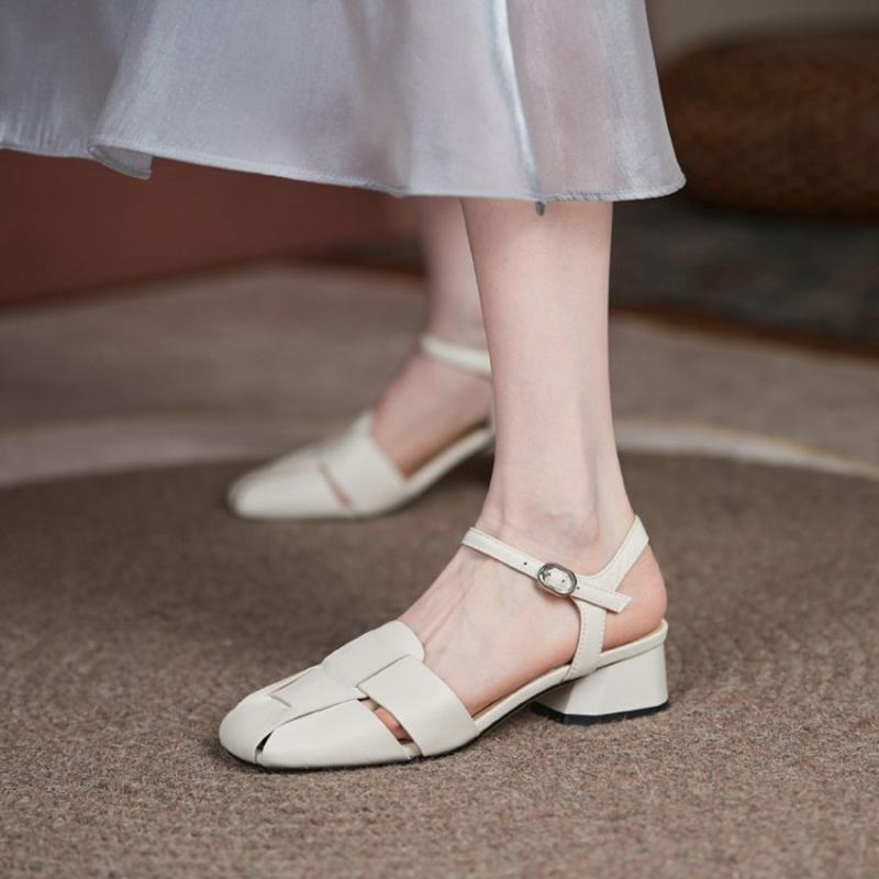 Cow Leather Square Toe Thick Med Heels Autumn Summer Buckle Straps Shoes Hollow Decorations Women Shallow Sandals