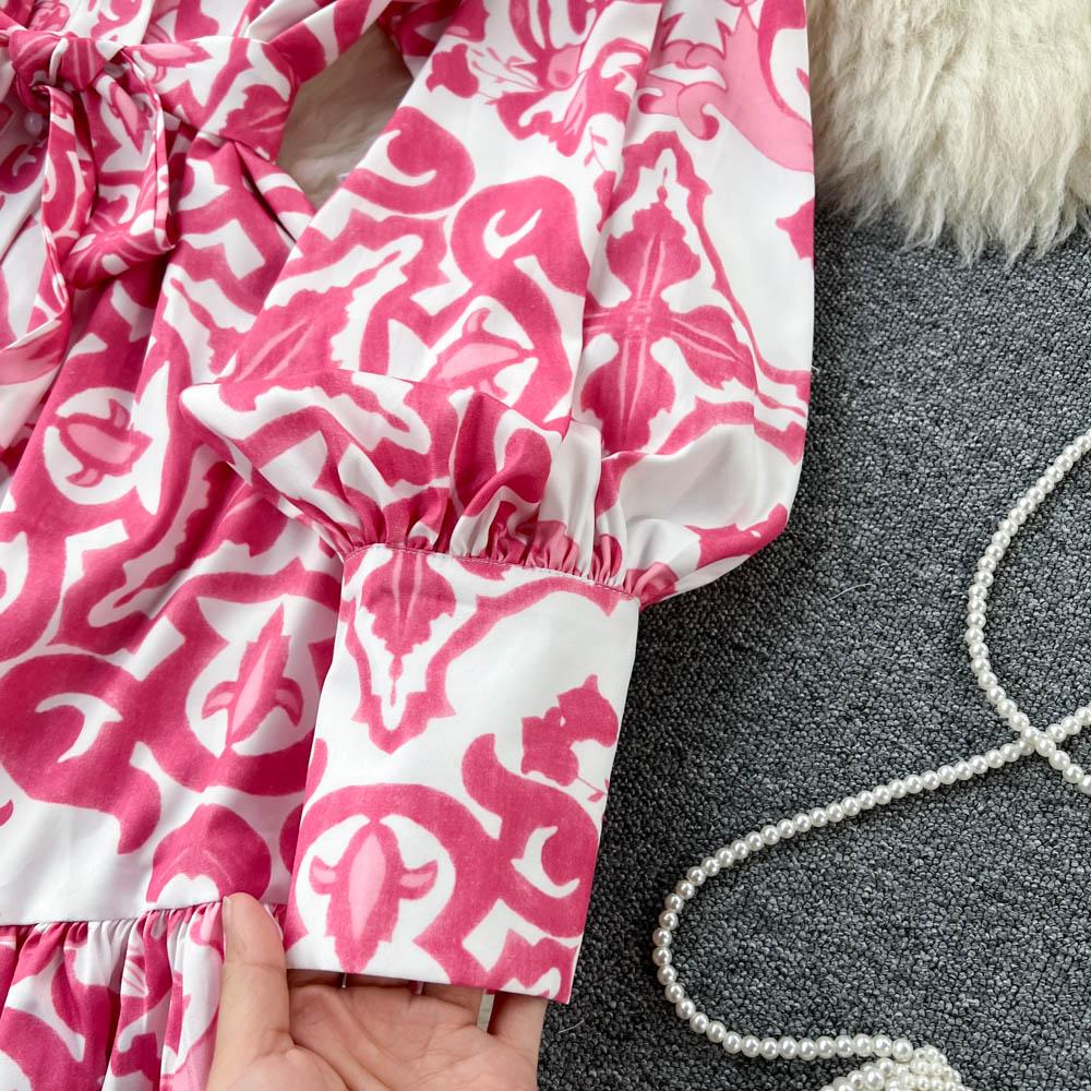 Vintage Summer Floral Print Ruffles Single Breasted Long Sleeve High Waist Vocation Beach Long Women Dress