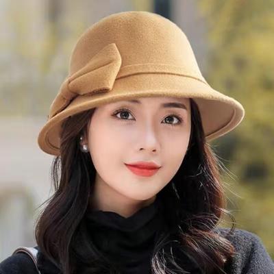 Effen Kleur Brede Rand Ronde Koepel Zonwerend Winddicht Wol Hoed Vrouwen Herfst Winter Elegante Strik Decoratie Vilt Fedora Hoed Dagelijks Gebruik