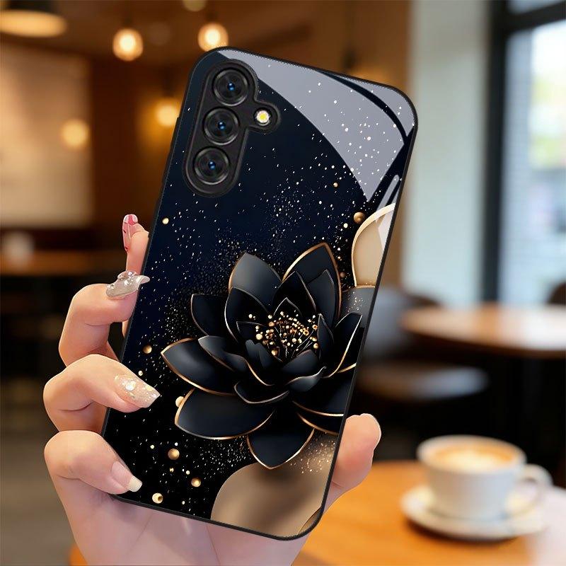 Schwarze Glas-Handyhülle mit Lotosmuster, geeignet für Samsung Galaxy S26 S25 S24 S23 S22 S20 FE Ultra Plus, stoßfeste Rückseite