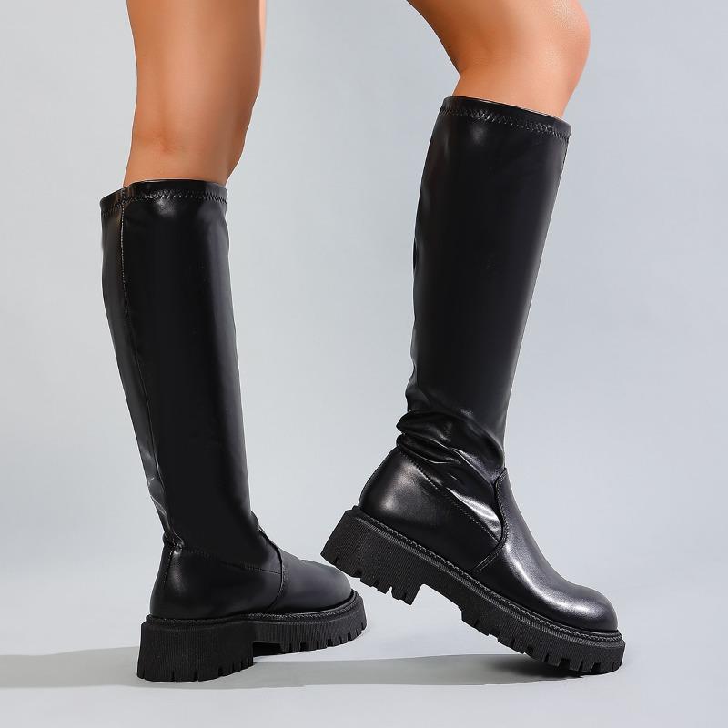 Autumn Winter Fashion Square Heels Woman Knee High Boots Concise Slip On Soft Leather Shoes Modern Long Botas Para Mujer