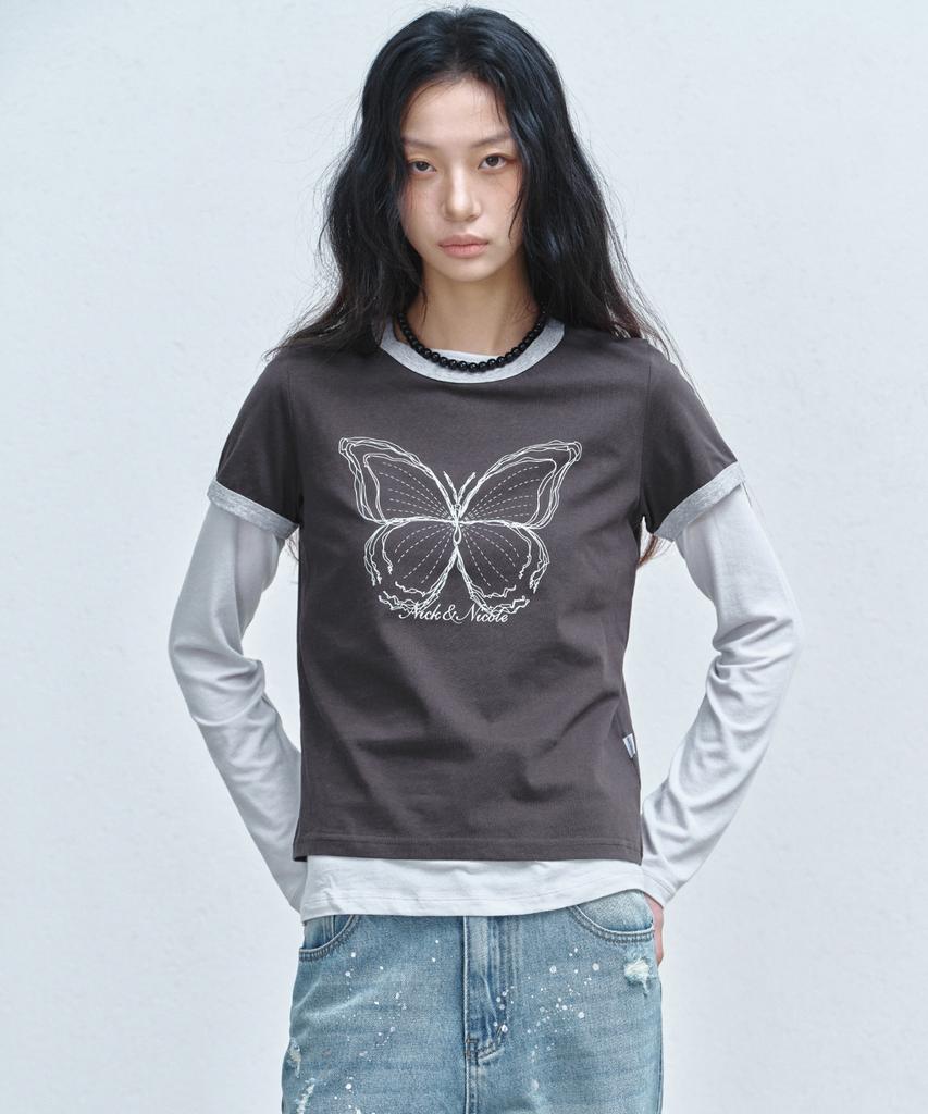 Nigaennikol Butterfly Graphic Ringer Top_Charcoal