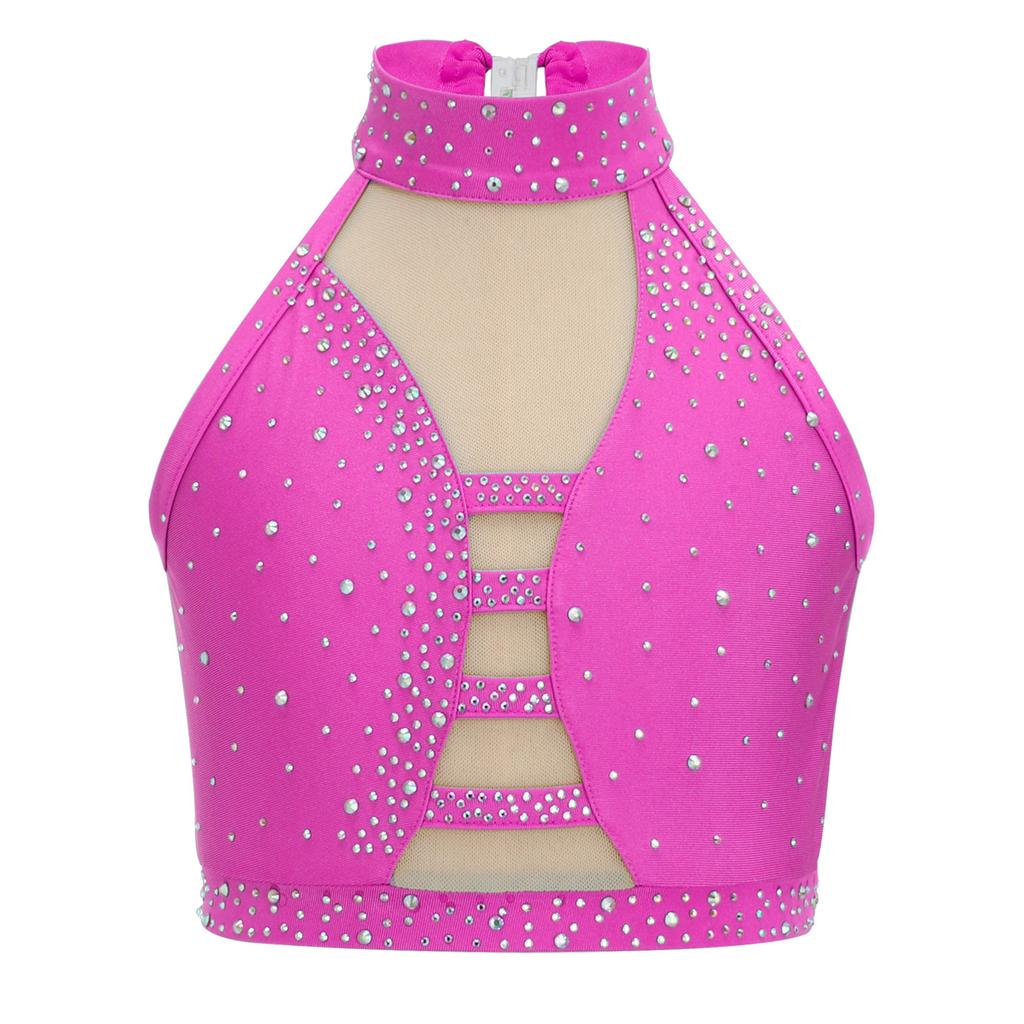 Girls Latin Dance Crop Top Halter Sleeveless Crisscross Back Mesh Patchwork Sparkling Rhinestones Vest