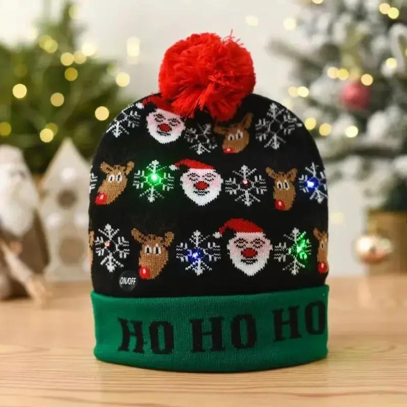 LED Light Christmas Hat Xmas Knitted Hats Warm Winter Cap New Year Featival Party Decoration Christmas Gift for Kids Adults