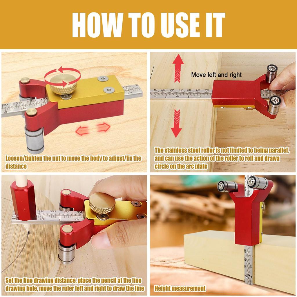 3 In 1 Woodworking Marking Gauge Parallel Line Scriber Arc Line Drawer Height Gauge Inch Measuring Tool