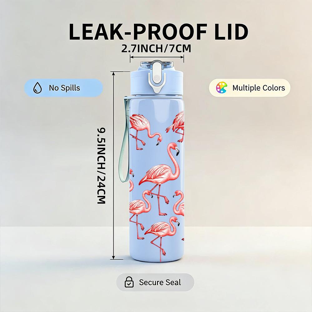 1 Stück Flamingo-Gruppe Herzform 750ml Farbe Kunststoff Sport-Wasserflasche Auslaufsicher Klappdeckel mit Strohhalm Geeignet für Sport, Büro, Heimgebrauch
