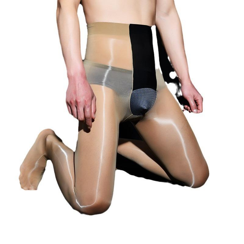 Glänzende Zugangskontrolle Schwarze Seide Horizontale Öffnung Herrenstrümpfe Ultra-Dünn Plus Sexy Strumpfhosen
