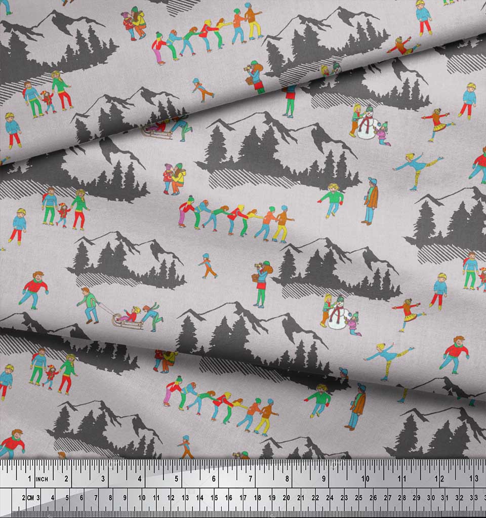 Soimoi Šedá japonská krepová saténová látka Lidé, Sáně a Hory Sváteční dekorační látka Tištěný metr 42 palců