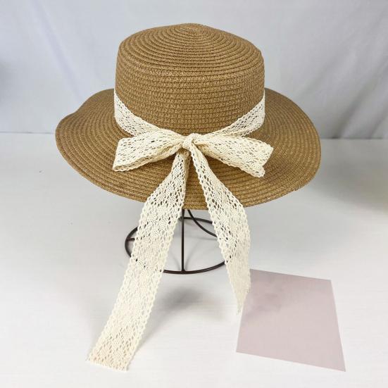 Sun Hat Lace Bow Decor Flat Top Wide Brim Straw Hat Hand-Woven Sunproof Windproof Summer Beach Picnic Basin Hat