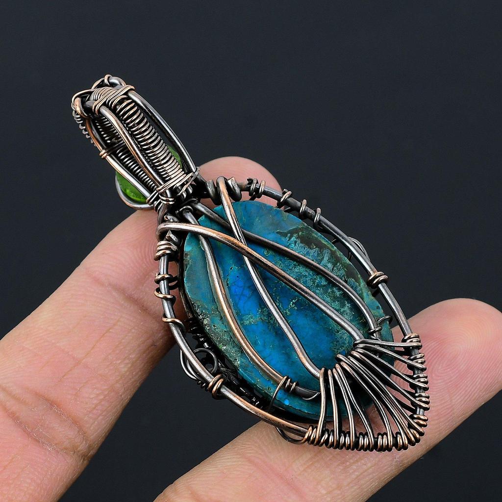 Tibetan Turquoise & Green Evil Eye Pendant, 999 Copper Wire Wrapped Gemstone Jewelry, Handmade Pendant, For Thanksgiving