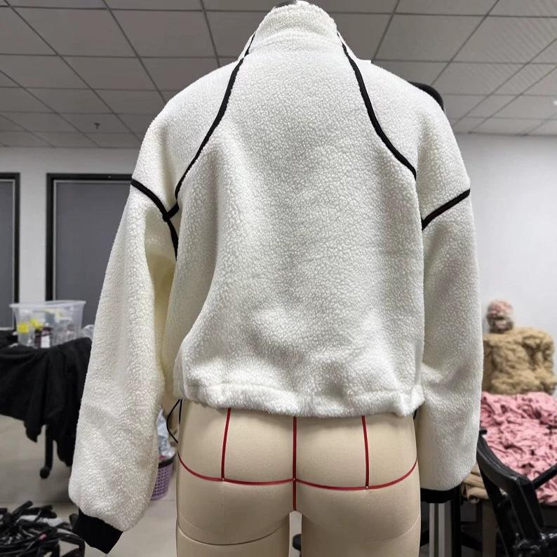 Women Fleece Lined Zip Up Jacket Stand Collar Oversized Casual Color Block Loose Sweatshirt
