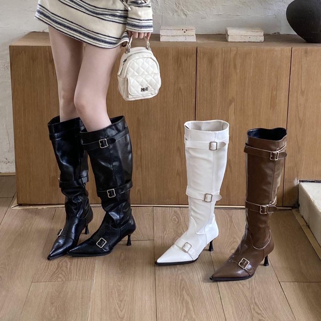 2025 autumn and winter new European and American style belt buckle pointed head thin heel high heel boots wide tube thin boots