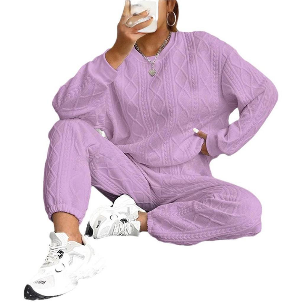 Γυναικείο Σετ Δύο Τεμαχίων με Πλεκτή Καλωδιακή Επένδυση: Μπλούζα Μακρυμάνικη με Στρογγυλή Λαιμόκοψη & Παντελόνι με Μανσέτες