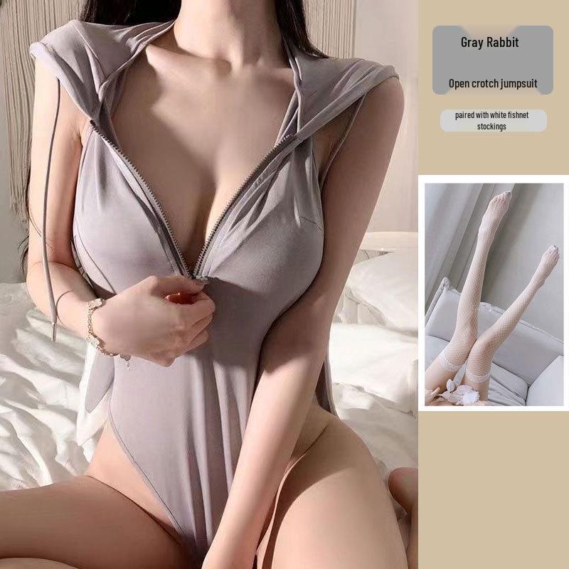 Mu Xiaochu Zipper Open Cup Bodycon Push-Up Bunny Bodysuit Lingerie