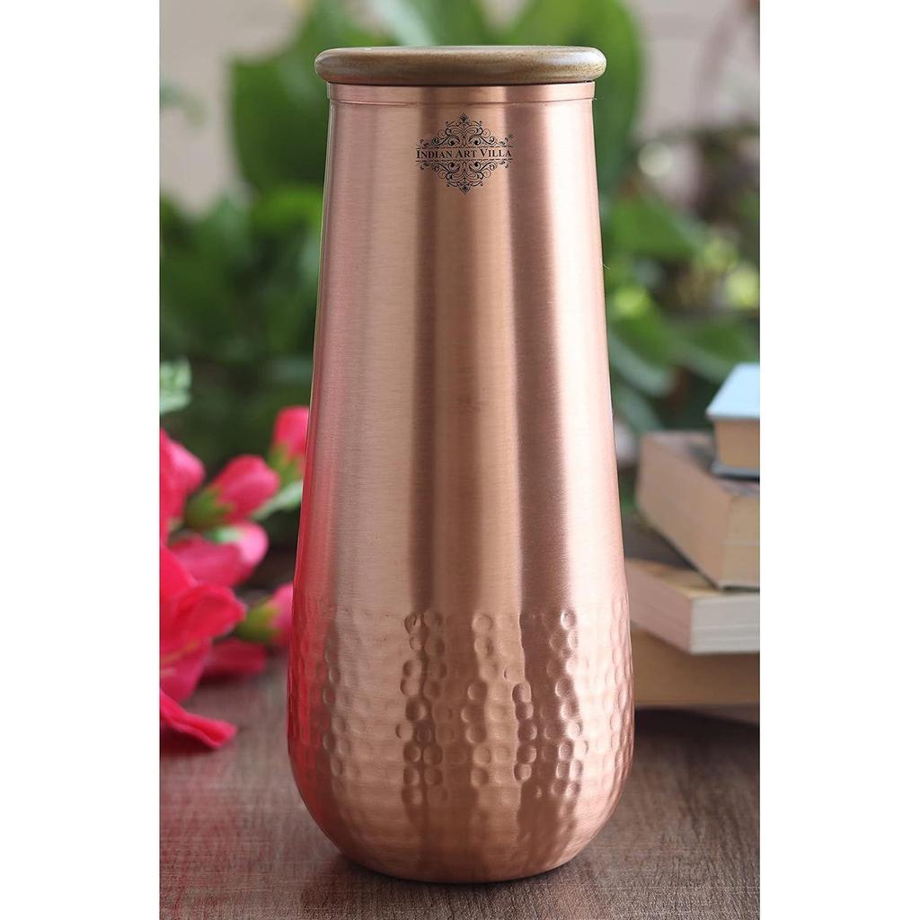Pure Copper Bedroom Water Bottle with Wooden Lid, Aqua Vase Design with Hammered Lacquer Finish - Volume 1300 Ml (Pack of 2)