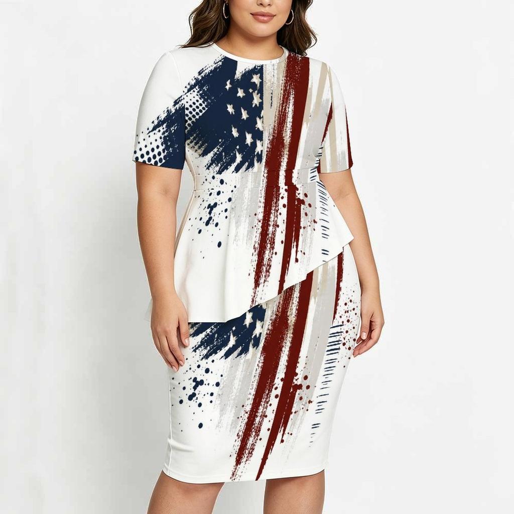 Women Plus Size White Printed Round Neck Short Sleeve Asymmetric Top Fitted Skirt Two Piece Set