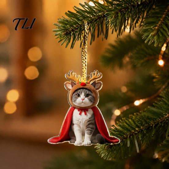 Christmas Tree Ornaments Cat Ornament, 2D Flat Cartoon Acrylic Kitten Wearing Cape And Festive Car Rearview Mirror Charms Hat Hanging Decoration