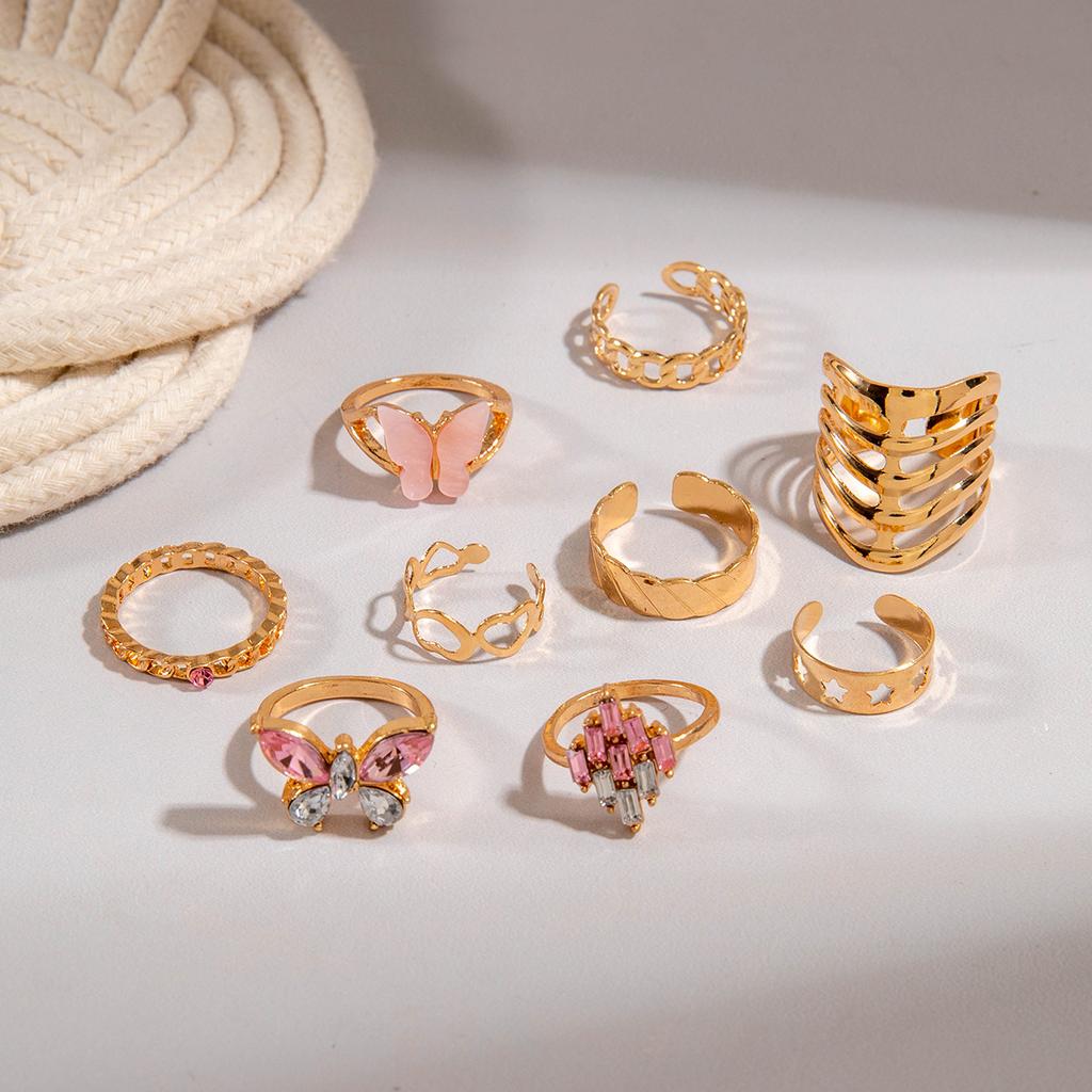 European and American New Pink Butterfly Diamond Ring Set Sweet Animal Love Cut-out Nine-piece Ring Set for Women