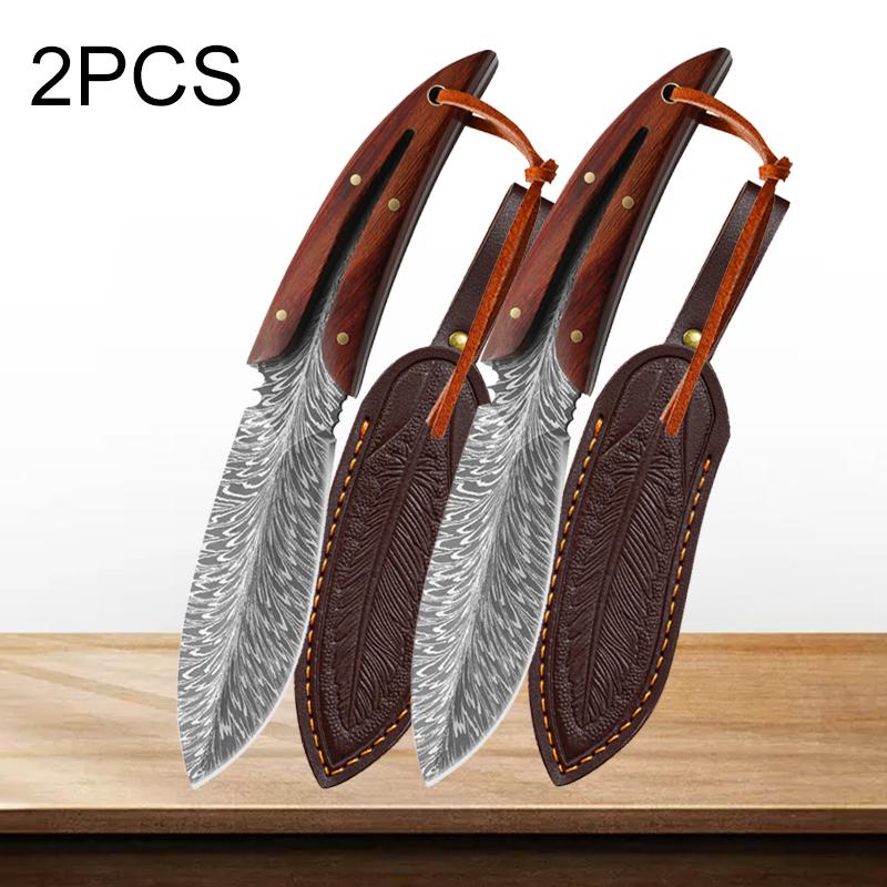 Pocket Knife Professional Kitchen Knives Stainless Steel Boning Butcher Knife with Sheath Feather Pattern Forged Meat Cleaver