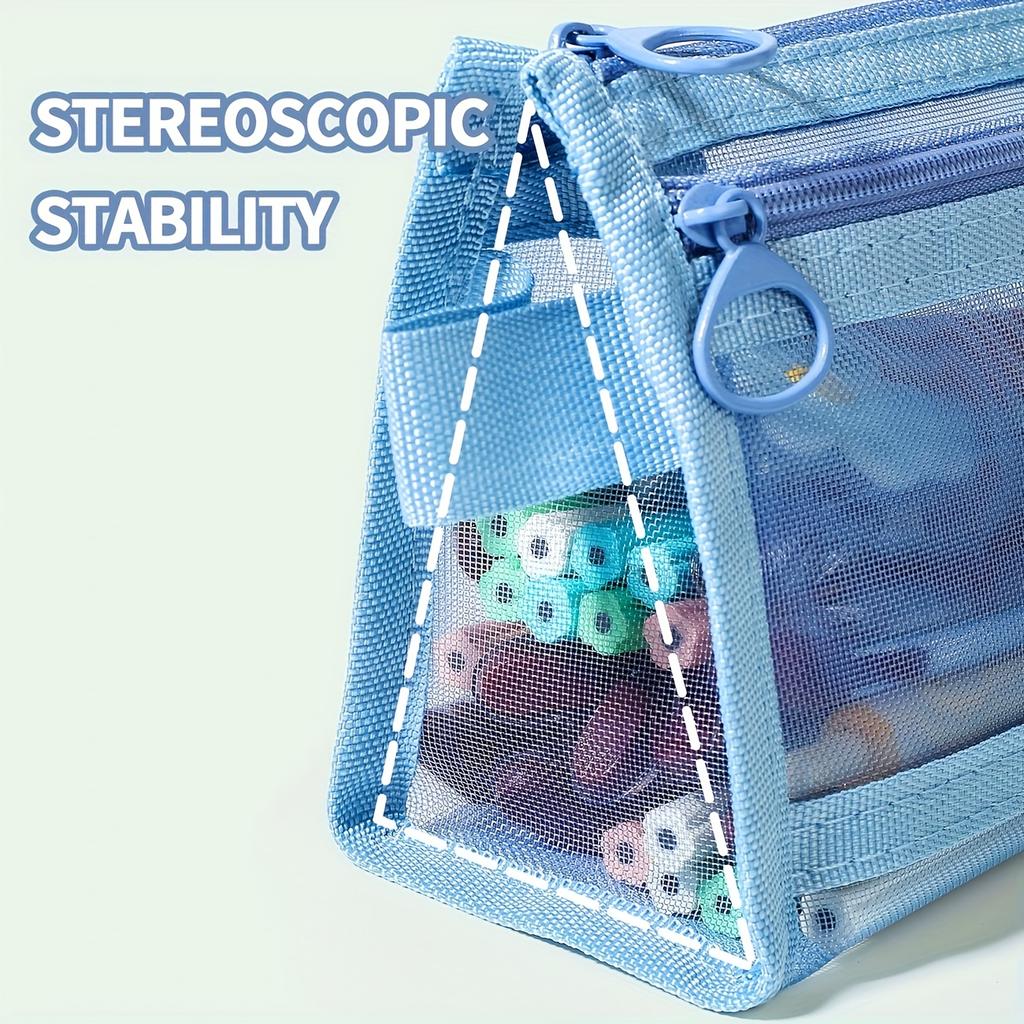 1pc Desk Storage Morandi Grid Mesh Pencil Case with Handle and Zipper Clear Double-layer Pencil Pouch Marker Pouch, Travel Bag