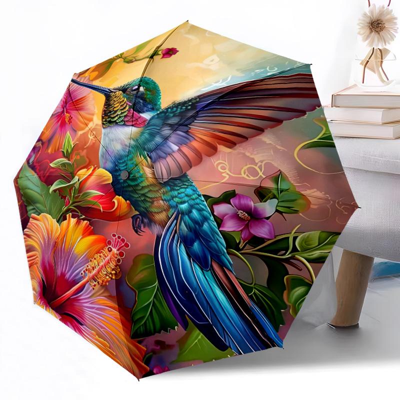 Hummingbirds and Flowers Outdoor Automatic Umbrella Retractable Design with 8-Rib Durability Lightweight Perfect Gift for Friends Family