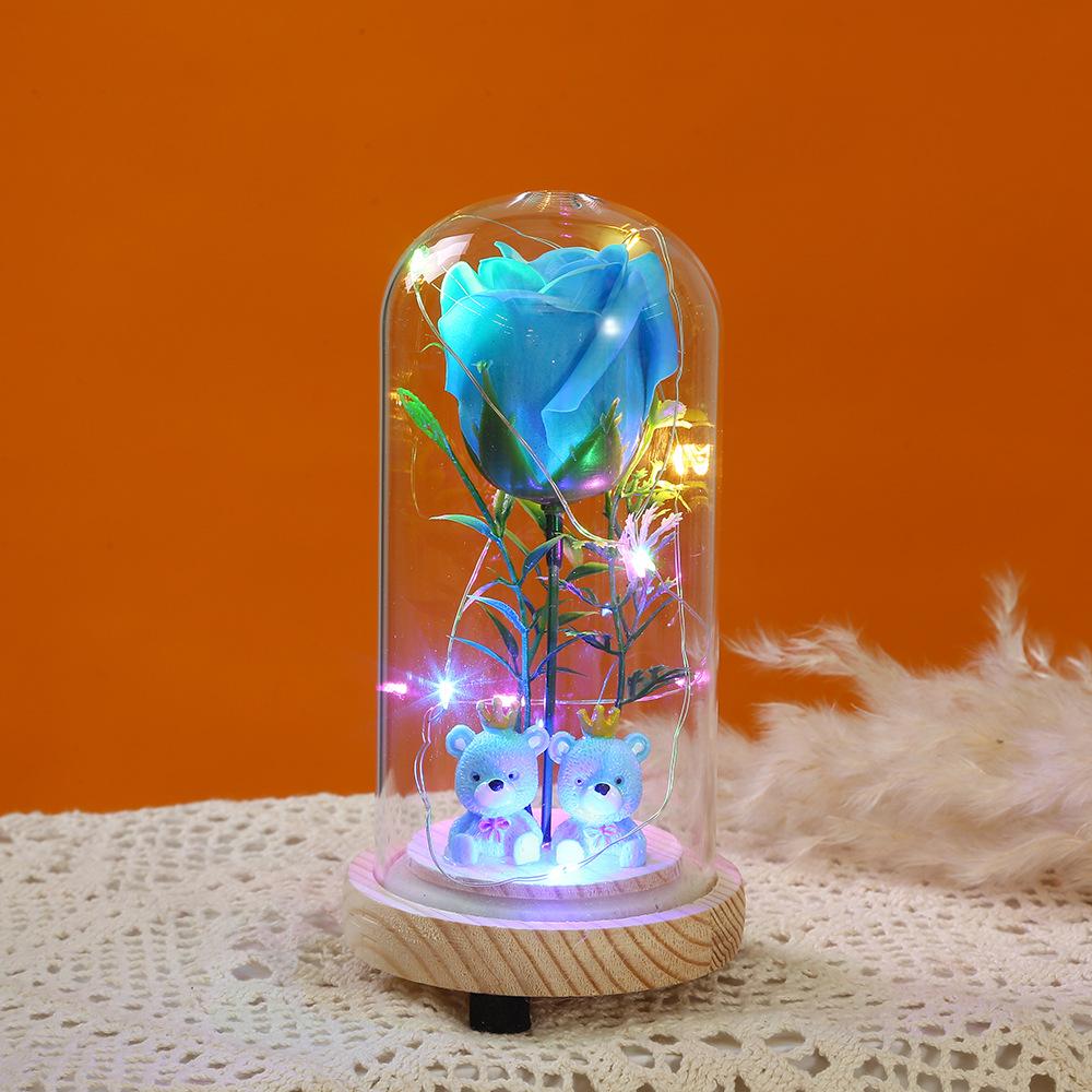 Cartoon cute couple bear desktop ornament, eternal flower glass cover luminous led night light home decoration