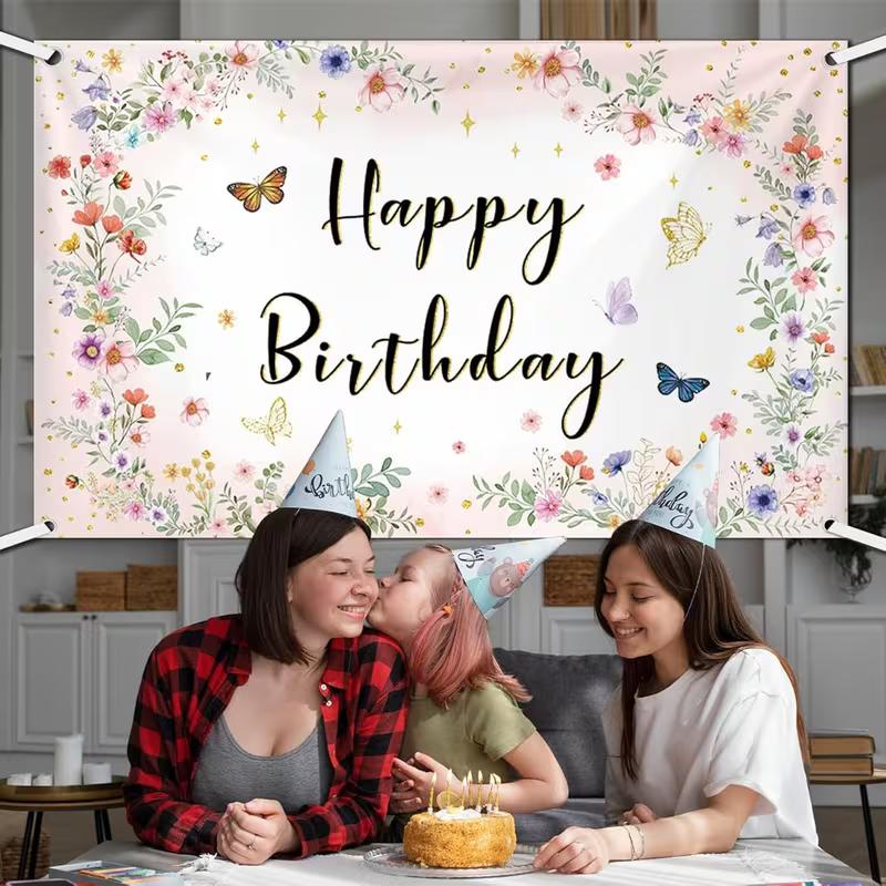 2D Floral Butterfly Happy Birthday Backdrop, Pink Flower Party Photography Background Cloth