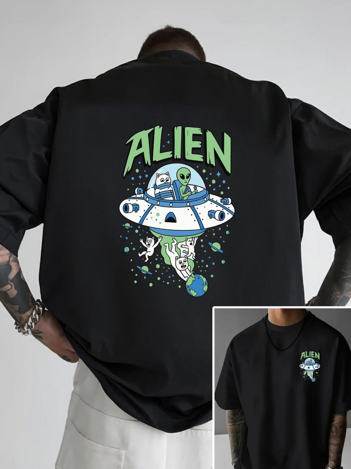 Alien Cat Double-Sided Print Men s Fashion Trend T-Shirt S разноцветный