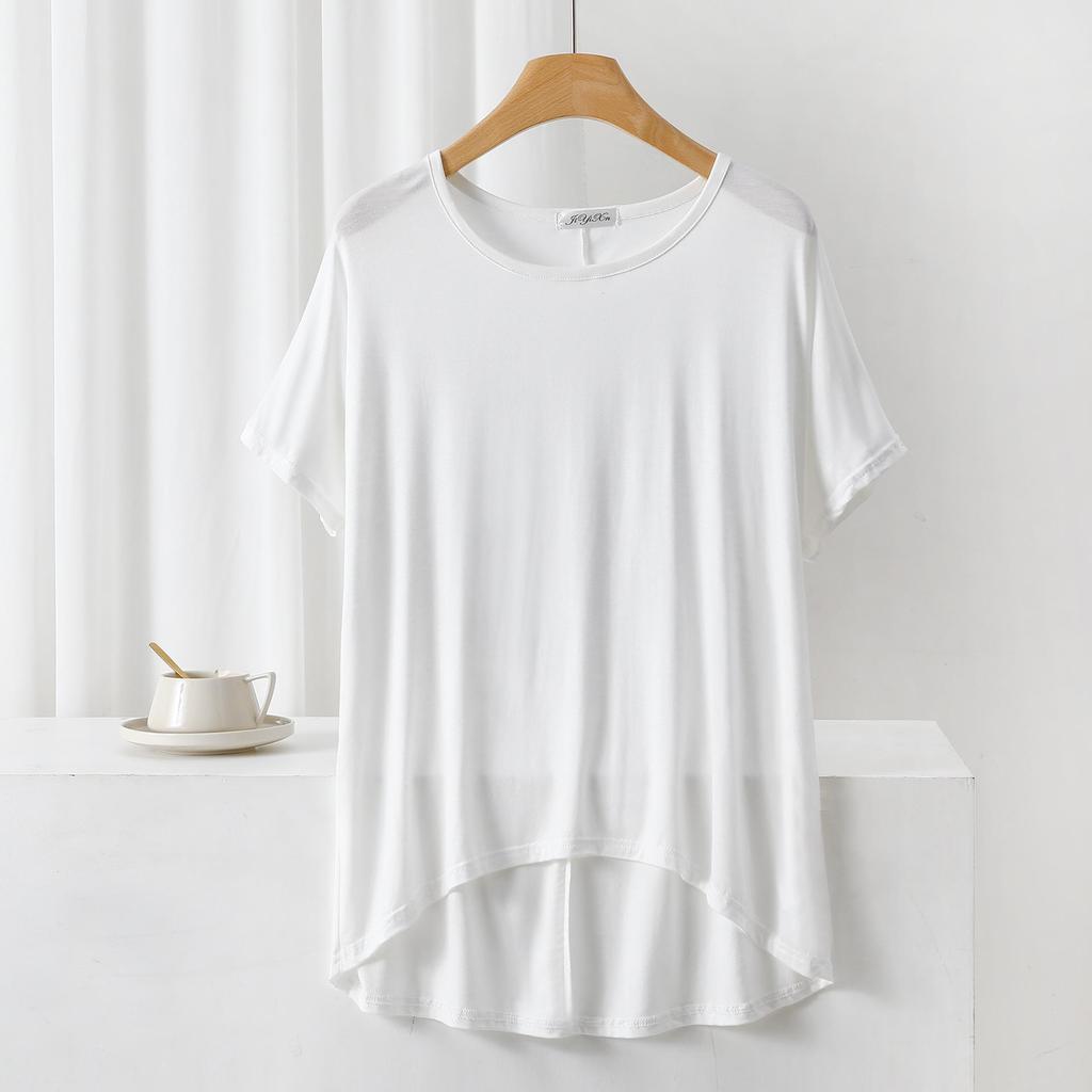 Sommar Lös Passform Modal T-shirt: Kort fram, lång bak, Plusstorlek Fladdermusärm