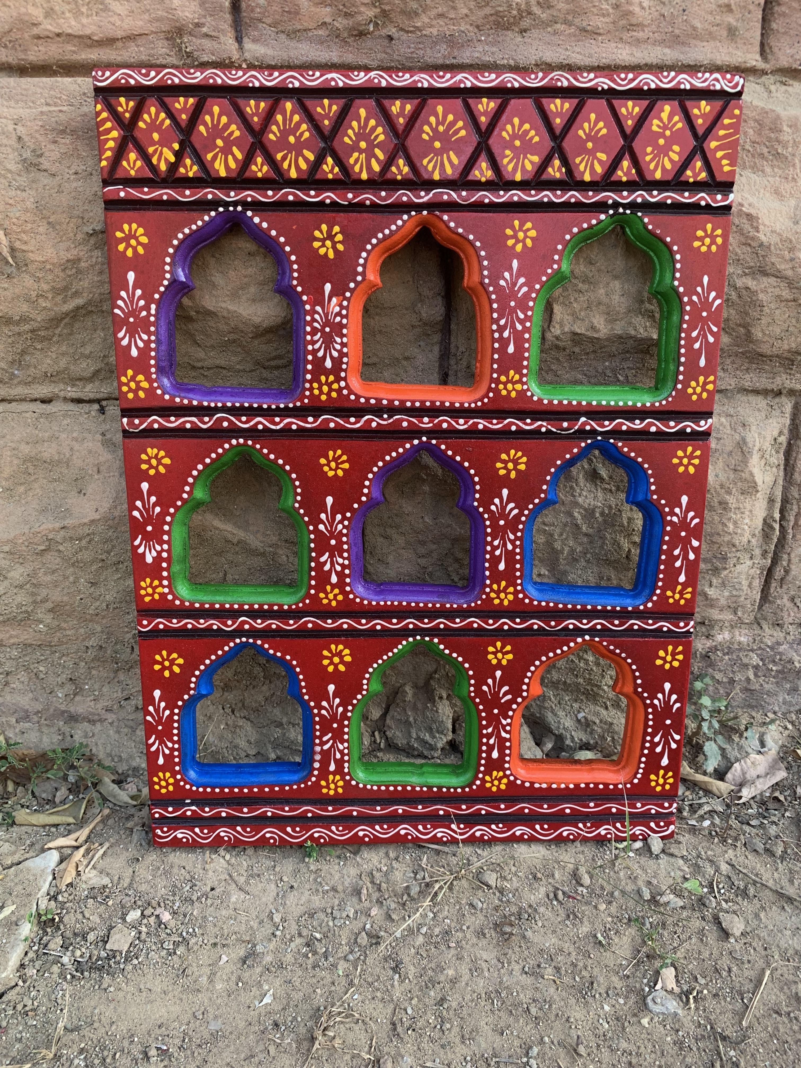 Colorful Hand Painted Wooden Wall Hanging | Indian Jharokha Style Folk Art | Boho Ethnic Home Decor 16  x 12  x 0.5   (h x l x w) approx.