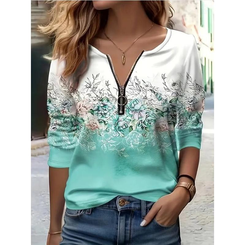 Easter Women's T Shirt Long Sleeve Quarter Zip Long Sleeve Casual Floral Graphic Elegant Vintage Stylish V Neck Regular Tops