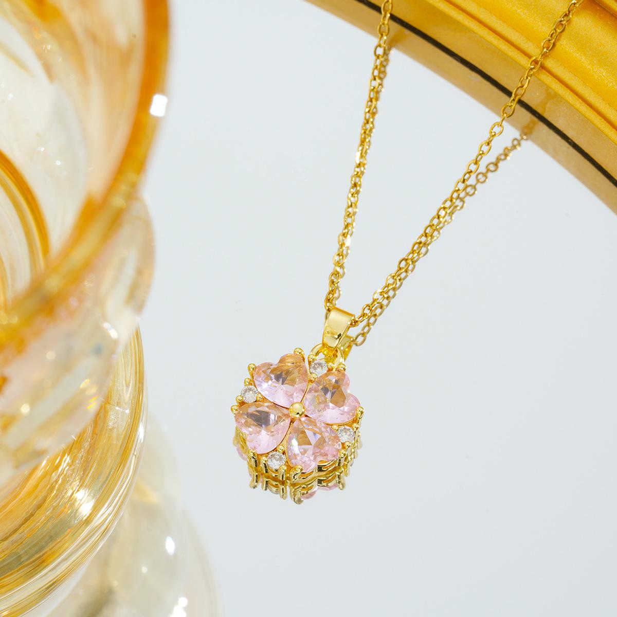 

Titanium Steel Colorful Heart & Four-Leaf Clover Zircon Pendant Necklace for Women