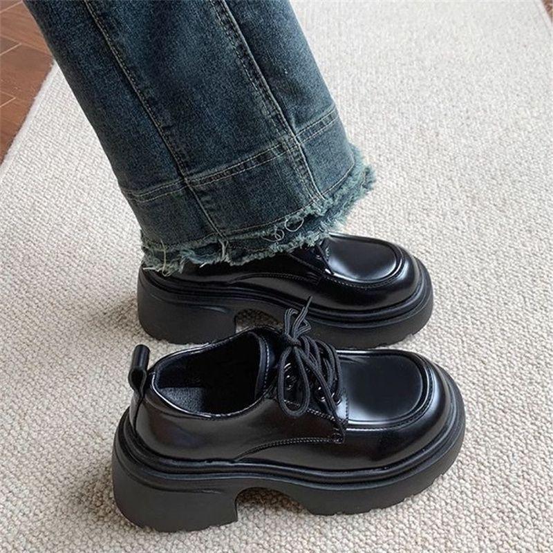 2025 spring and summer new thick-soled versatile lace-up small leather shoes women's fashion retro British small leather shoes single shoes women